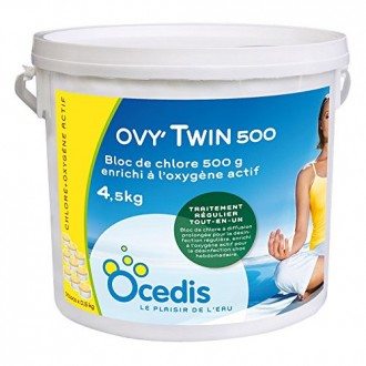 Daugiafunkcinis lėto tirpimo aktyvus deguonis ir chloras 5 in 1 vandens dezinfekcijai Ovy Twin (algicidas nuo dumblių, chloras oksidacijai ir dezinfekcijai, flokuliantas skaidrinimui,  pH kontrolė) 4,5 kg