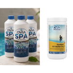 Kubilų, masažinių vonių (džiakuzi) priežiūros be chloro mini rinkinys dezinfekcijai ir apsaugai nuo bakterijų ir vandens žaliavimo OVIA SPA + AQUABLANC O2