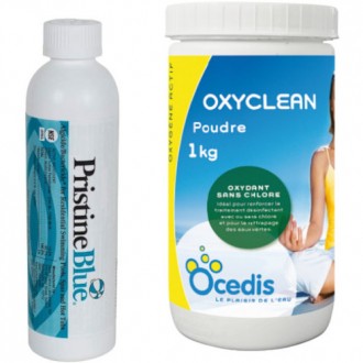 Kubilų, masažinių vonių priežiūros be chloro mini rinkinys – algicidas baktericidas PristineBlue®; 237 ml ir aktyvus deguonis Oxyclean; 1 kg (mažas)